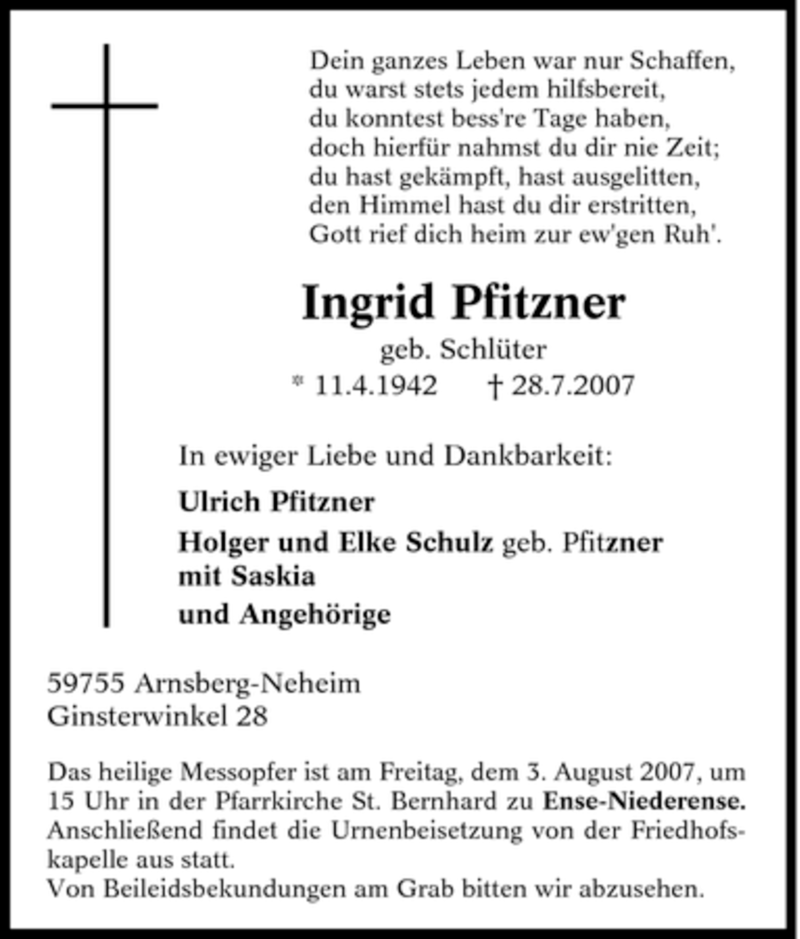  Traueranzeige für Ingrid Pfitzner vom 31.07.2007 aus WESTFÄLISCHER ANZEIGER