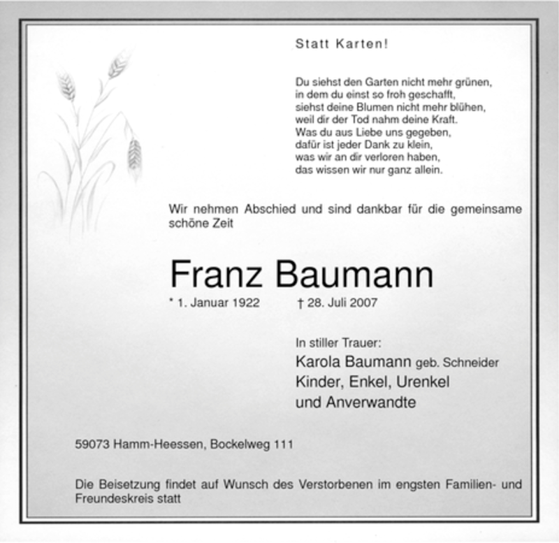  Traueranzeige für Franz Baumann vom 31.07.2007 aus WESTFÄLISCHER ANZEIGER