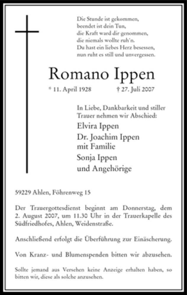  Traueranzeige für Romano Ippen vom 31.07.2007 aus WESTFÄLISCHER ANZEIGER