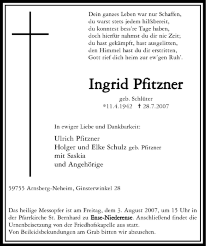  Traueranzeige für Ingrid Pfitzner vom 31.07.2007 aus WESTFÄLISCHER ANZEIGER