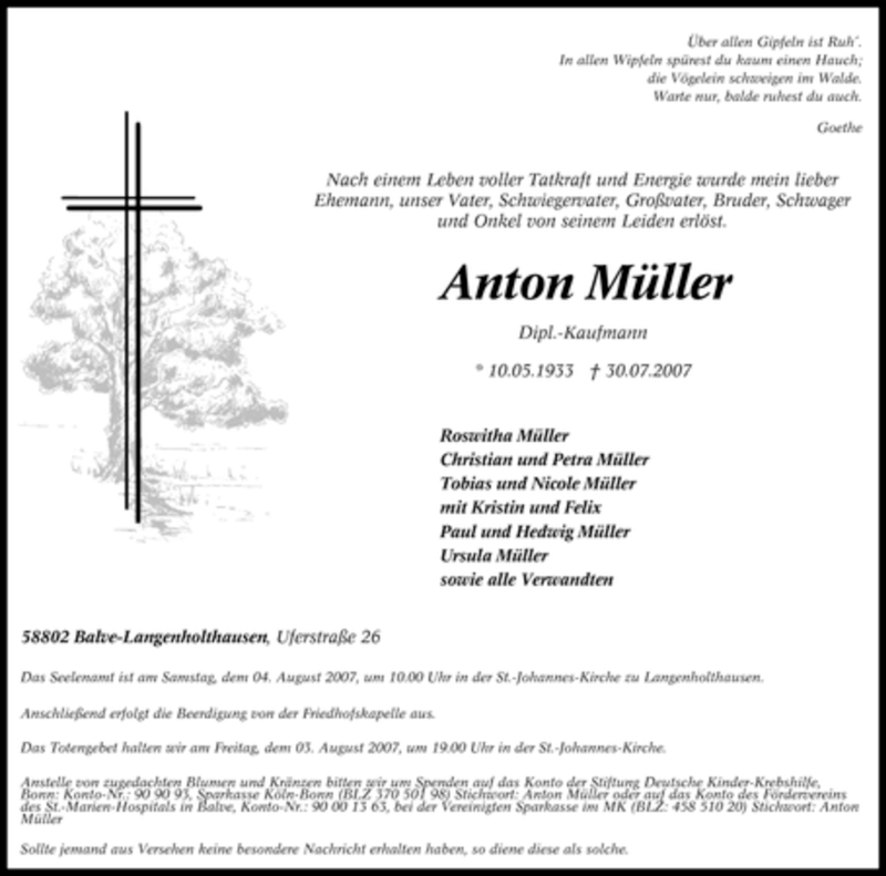  Traueranzeige für Anton Müller vom 01.08.2007 aus WESTFÄLISCHER ANZEIGER