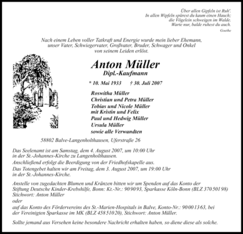  Traueranzeige für Anton Müller vom 01.08.2007 aus WESTFÄLISCHER ANZEIGER