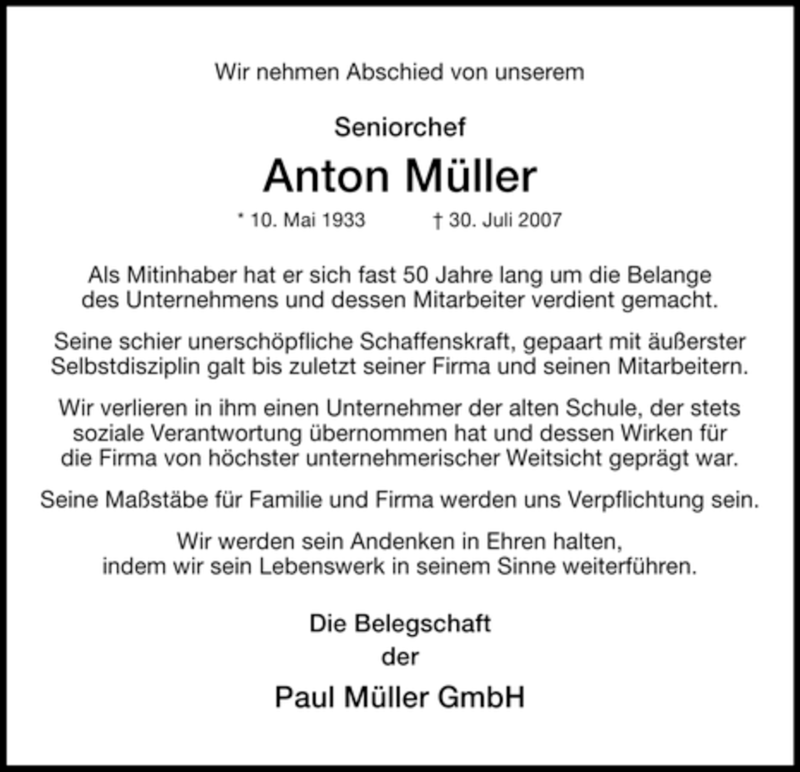  Traueranzeige für Anton Müller vom 02.08.2007 aus WESTFÄLISCHER ANZEIGER