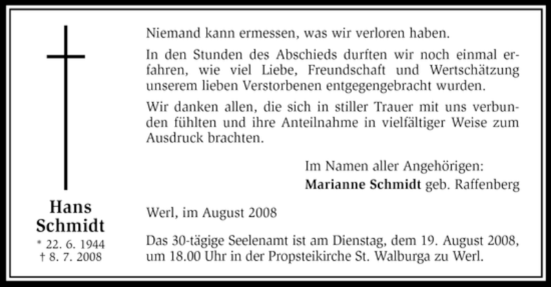  Traueranzeige für Hans Schmidt vom 16.08.2008 aus WESTFÄLISCHER ANZEIGER
