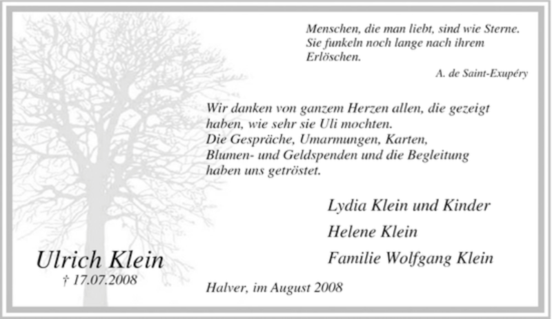  Traueranzeige für Ulrich Klein vom 30.08.2008 aus WESTFÄLISCHER ANZEIGER