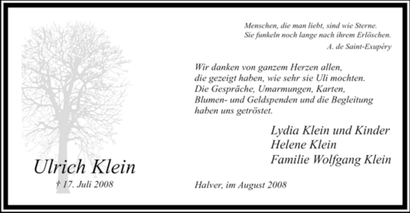  Traueranzeige für Ulrich Klein vom 30.08.2008 aus WESTFÄLISCHER ANZEIGER