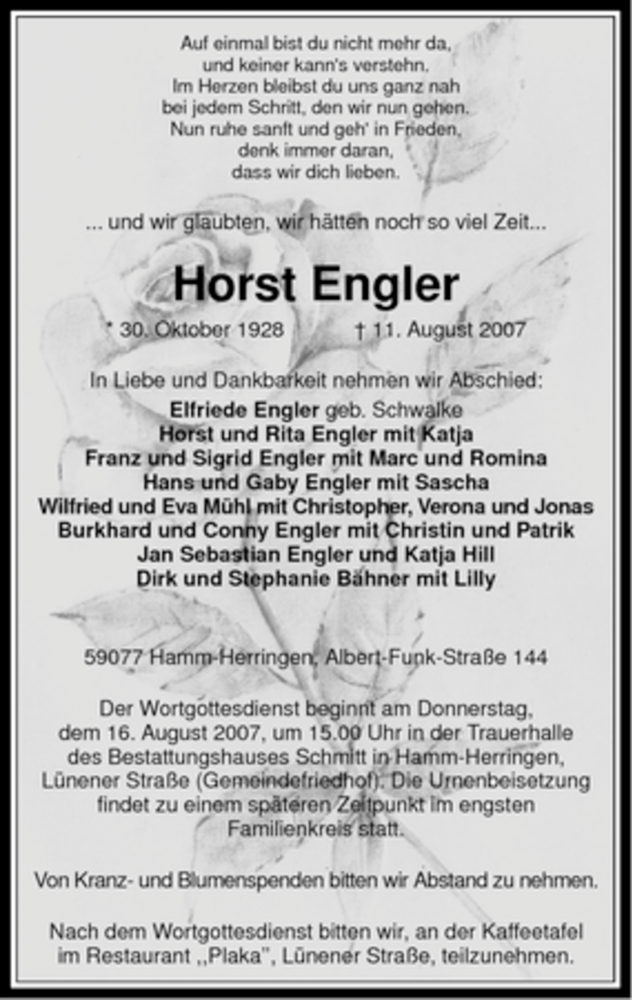  Traueranzeige für Horst Engler vom 14.08.2007 aus WESTFÄLISCHER ANZEIGER