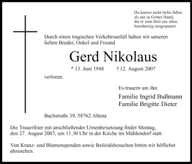  Traueranzeige für Gerd Nikolaus vom 18.08.2007 aus WESTFÄLISCHER ANZEIGER