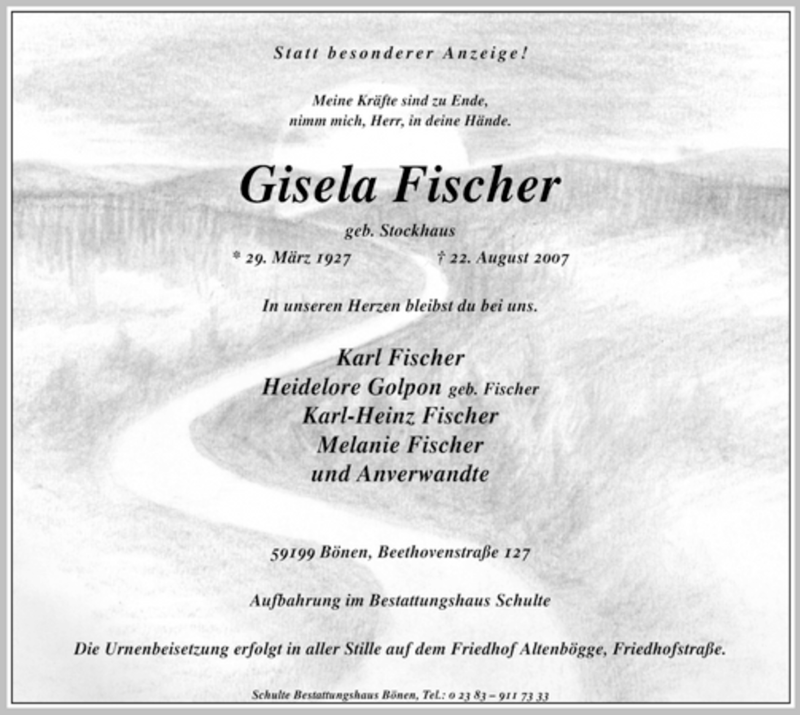  Traueranzeige für Gisela Fischer vom 24.08.2007 aus WESTFÄLISCHER ANZEIGER