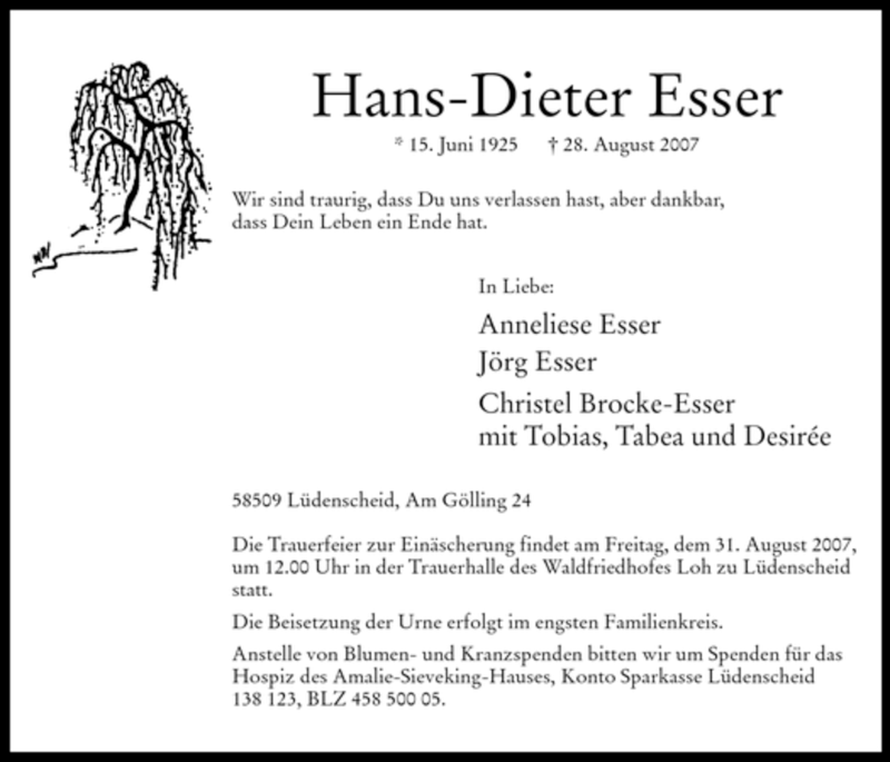  Traueranzeige für Hans-Dieter Esser vom 29.08.2007 aus WESTFÄLISCHER ANZEIGER