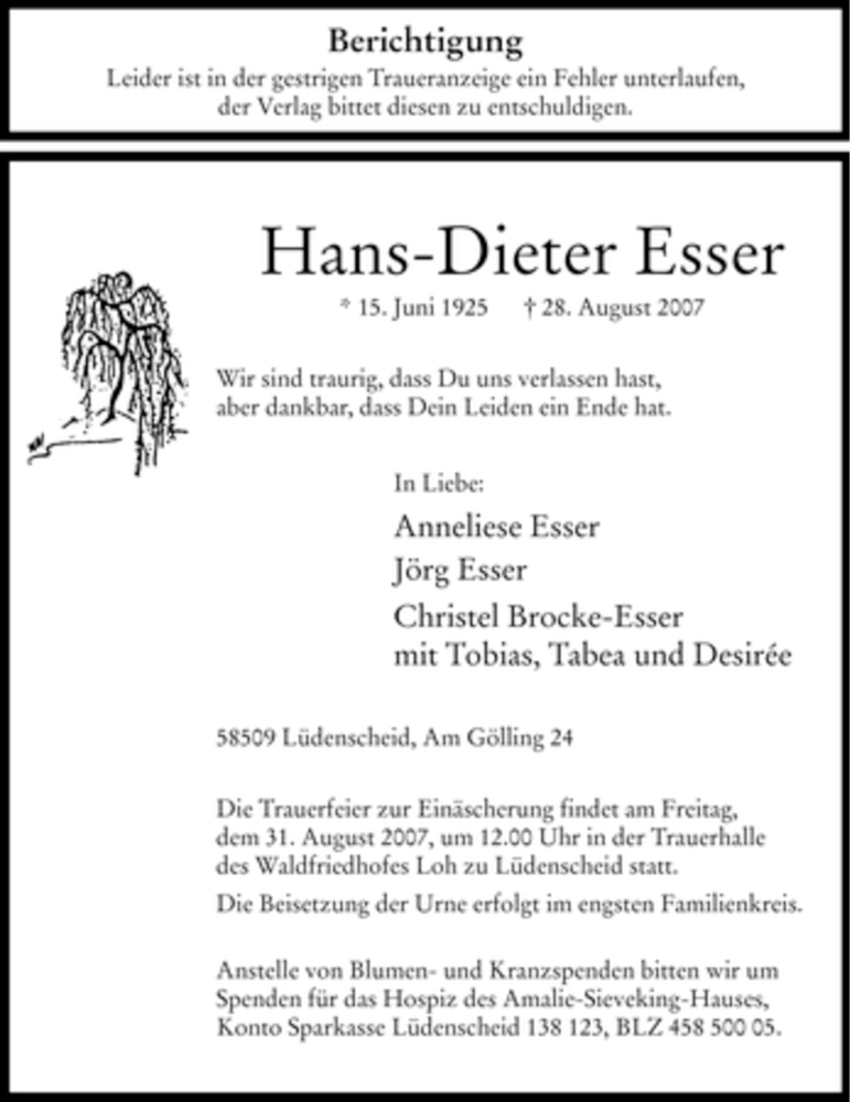  Traueranzeige für Hans-Dieter Esser vom 30.08.2007 aus WESTFÄLISCHER ANZEIGER