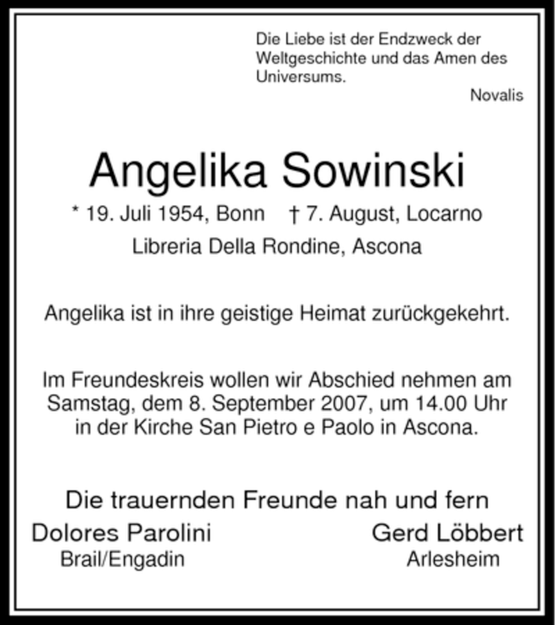  Traueranzeige für Angelika Sowinski vom 08.09.2007 aus WESTFÄLISCHER ANZEIGER