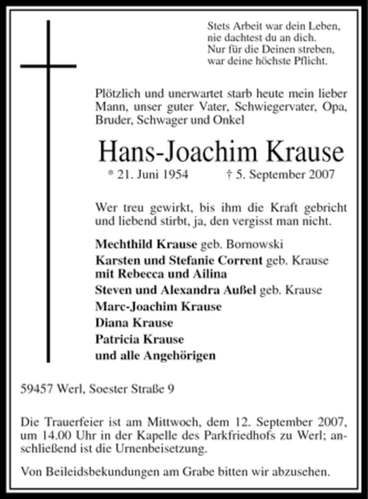  Traueranzeige für Hans-Joachim Krause vom 07.09.2007 aus WESTFÄLISCHER ANZEIGER