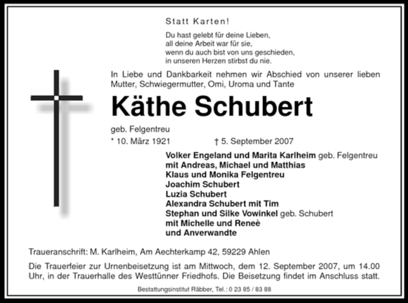  Traueranzeige für Käthe Schubert vom 07.09.2007 aus WESTFÄLISCHER ANZEIGER