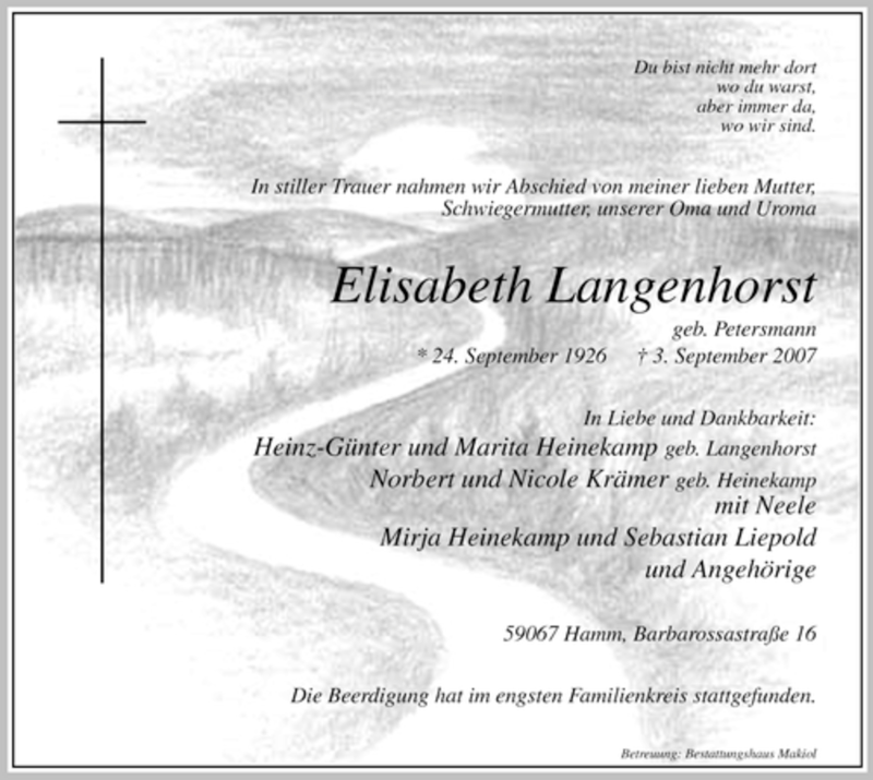  Traueranzeige für Elisabeth Langenhorst vom 08.09.2007 aus WESTFÄLISCHER ANZEIGER