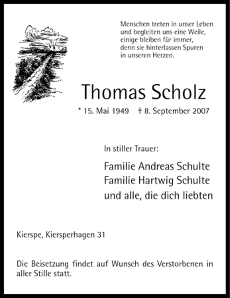 Traueranzeige für Thomas Scholz vom 11.09.2007 aus WESTFÄLISCHER ANZEIGER
