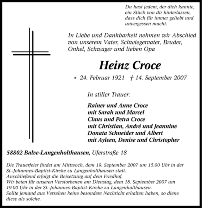  Traueranzeige für Heinz Croce vom 15.09.2007 aus WESTFÄLISCHER ANZEIGER