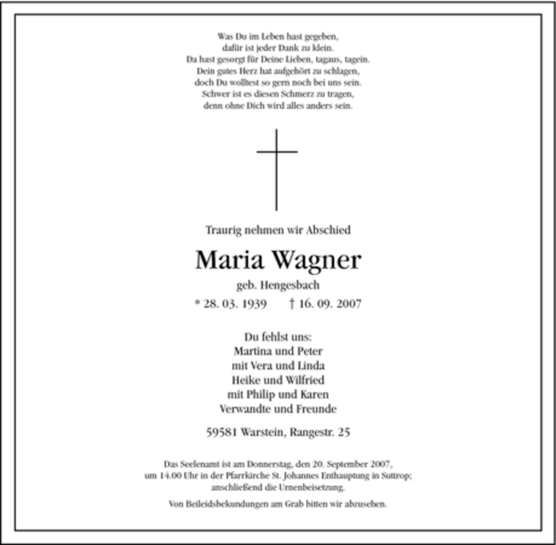  Traueranzeige für Maria Wagner vom 17.09.2007 aus WESTFÄLISCHER ANZEIGER