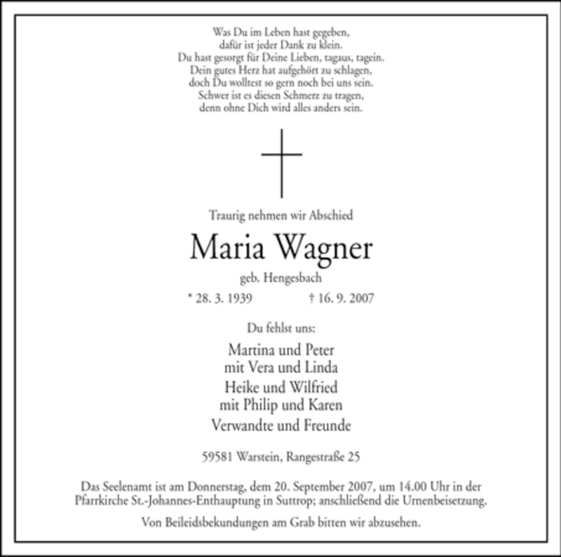  Traueranzeige für Maria Wagner vom 17.09.2007 aus WESTFÄLISCHER ANZEIGER