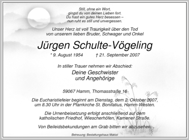  Traueranzeige für Jürgen Schulte-Vögeling vom 26.09.2007 aus WESTFÄLISCHER ANZEIGER