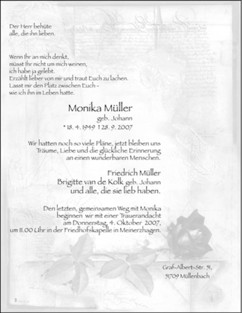  Traueranzeige für Monika Müller vom 01.10.2007 aus WESTFÄLISCHER ANZEIGER