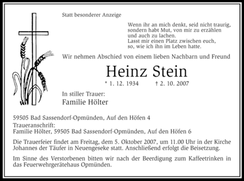  Traueranzeige für Heinz Stein vom 04.10.2007 aus WESTFÄLISCHER ANZEIGER
