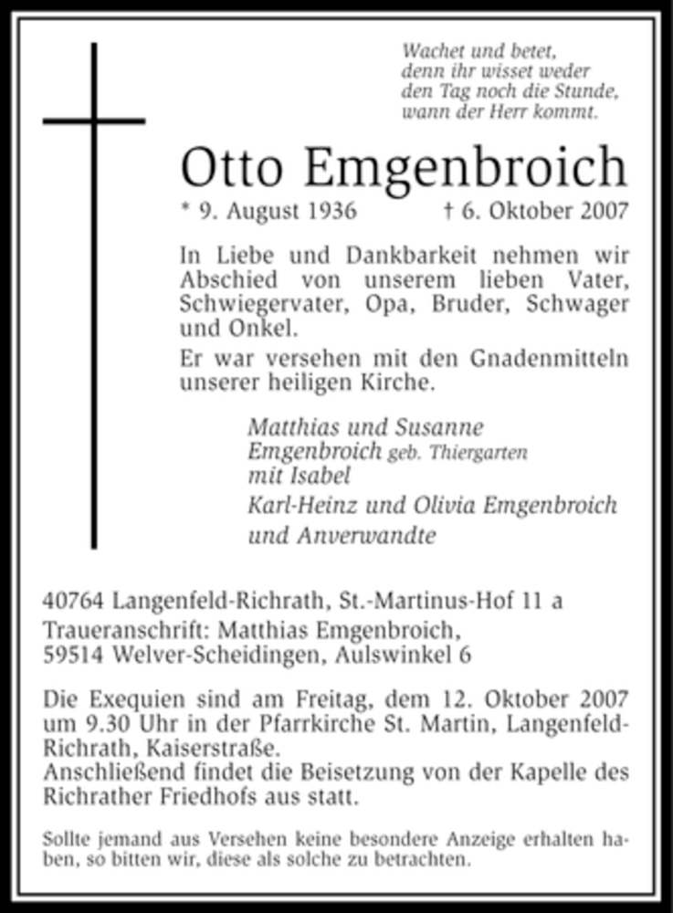  Traueranzeige für Otto Emgenbroich vom 09.10.2007 aus WESTFÄLISCHER ANZEIGER