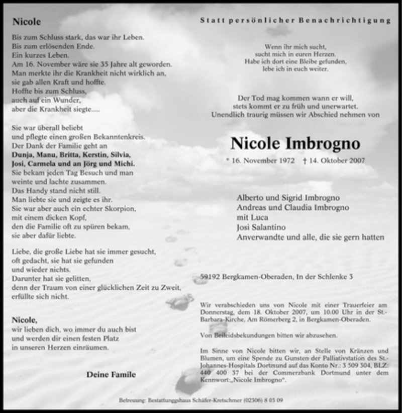  Traueranzeige für Nicole Imbrogno vom 16.10.2007 aus WESTFÄLISCHER ANZEIGER