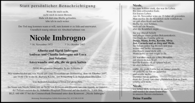 Traueranzeige für Nicole Imbrogno vom 16.10.2007 aus WESTFÄLISCHER ANZEIGER
