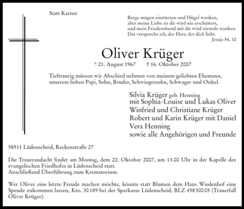  Traueranzeige für Oliver Krüger vom 20.10.2007 aus WESTFÄLISCHER ANZEIGER