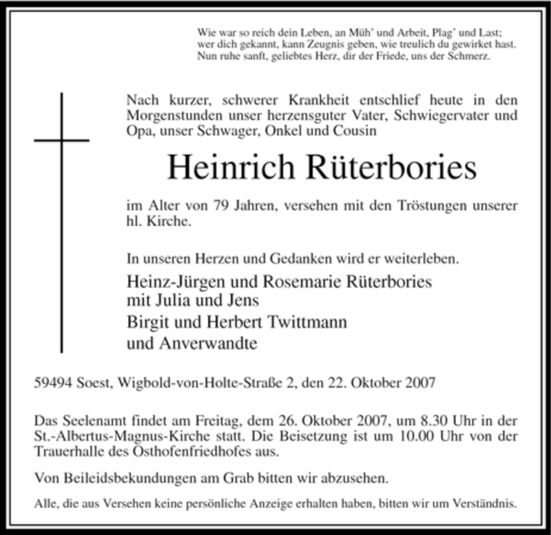  Traueranzeige für Heinrich Rüterbories vom 24.10.2007 aus WESTFÄLISCHER ANZEIGER
