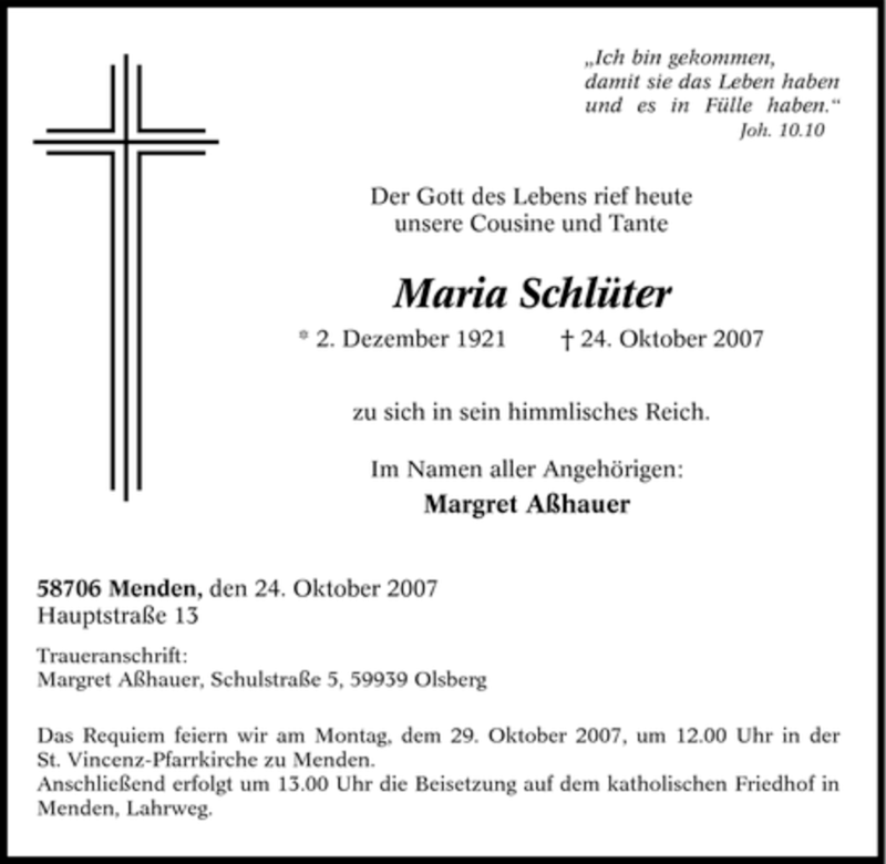  Traueranzeige für Maria Schlüter vom 26.10.2007 aus WESTFÄLISCHER ANZEIGER