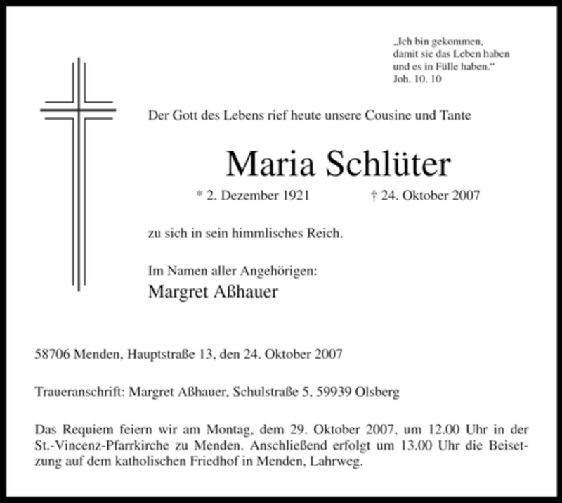  Traueranzeige für Maria Schlüter vom 26.10.2007 aus WESTFÄLISCHER ANZEIGER