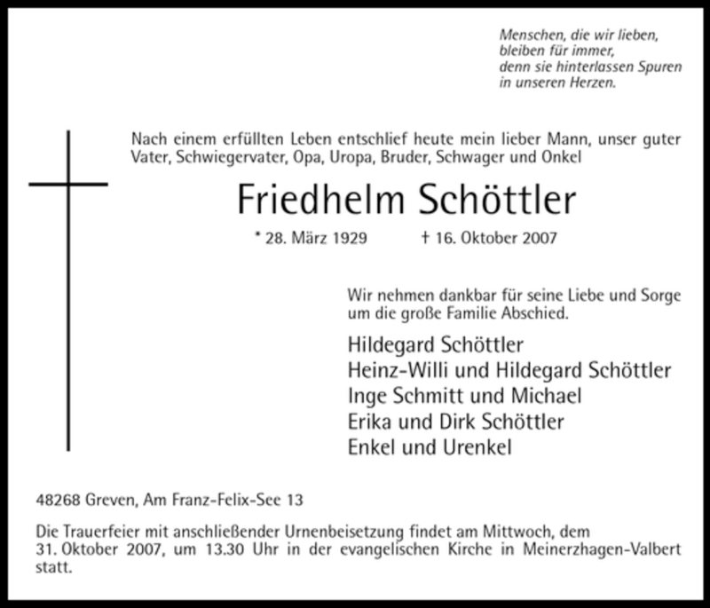  Traueranzeige für Friedhelm Schöttler vom 27.10.2007 aus WESTFÄLISCHER ANZEIGER