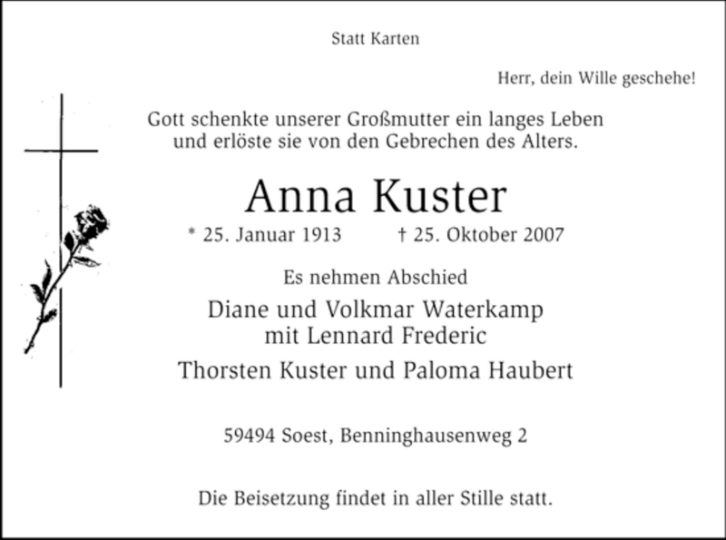  Traueranzeige für Anna Kuster vom 27.10.2007 aus WESTFÄLISCHER ANZEIGER