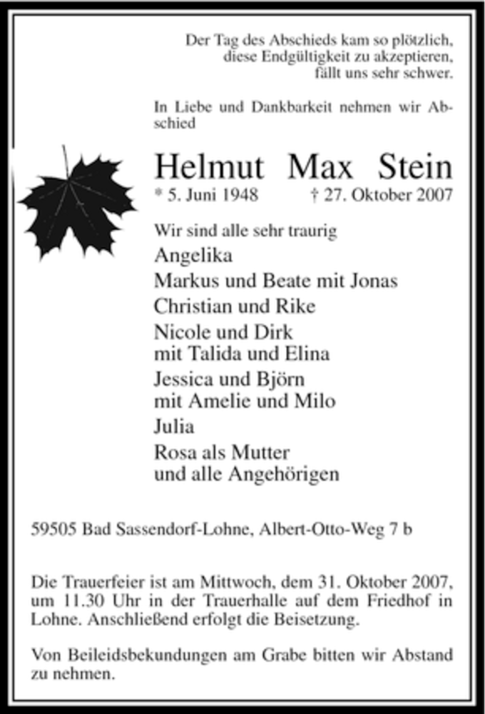  Traueranzeige für Helmut Max Stein vom 30.10.2007 aus WESTFÄLISCHER ANZEIGER