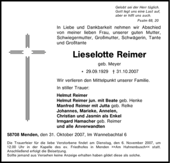 Traueranzeige von Lieselotte Reimer von WESTFÄLISCHER ANZEIGER