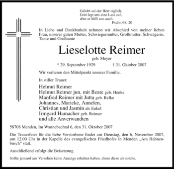 Traueranzeige von Lieselotte Reimer von WESTFÄLISCHER ANZEIGER