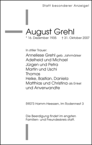 Traueranzeige von August Grehl von WESTFÄLISCHER ANZEIGER