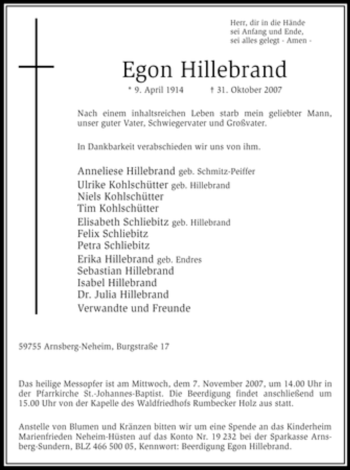 Traueranzeige von Egon Hillebrand von WESTFÄLISCHER ANZEIGER