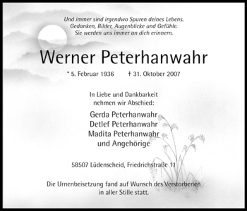 Traueranzeige von Werner Peterhanwahr von WESTFÄLISCHER ANZEIGER