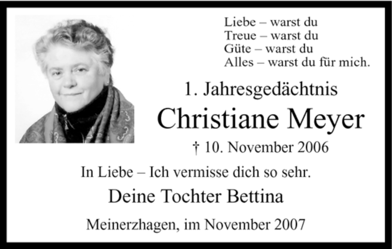  Traueranzeige für Christiane Meyer vom 10.11.2007 aus WESTFÄLISCHER ANZEIGER