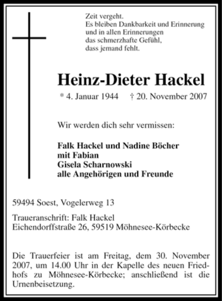  Traueranzeige für Heinz-Dieter Hackel vom 27.11.2007 aus WESTFÄLISCHER ANZEIGER