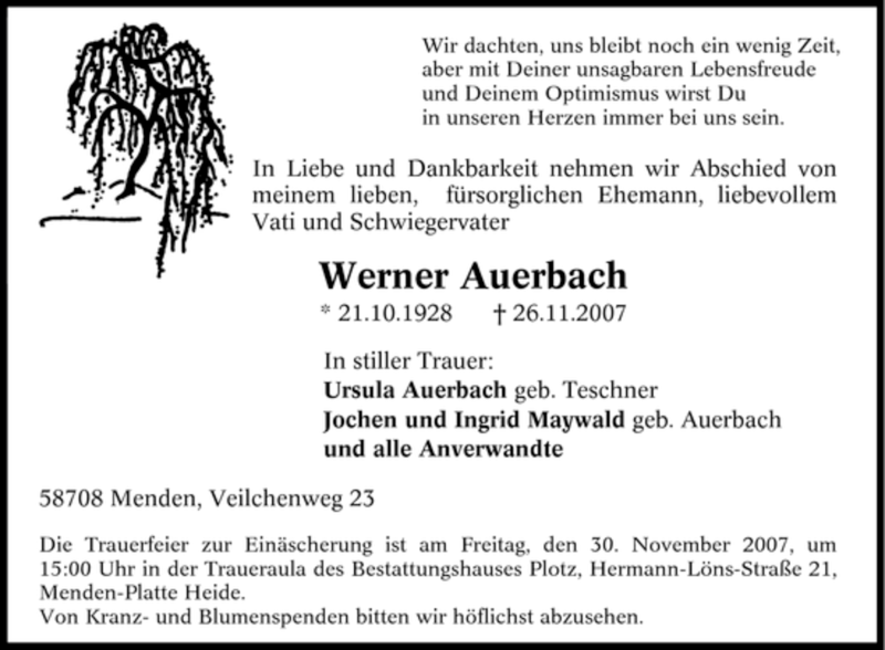  Traueranzeige für Werner Auerbach vom 28.11.2007 aus WESTFÄLISCHER ANZEIGER