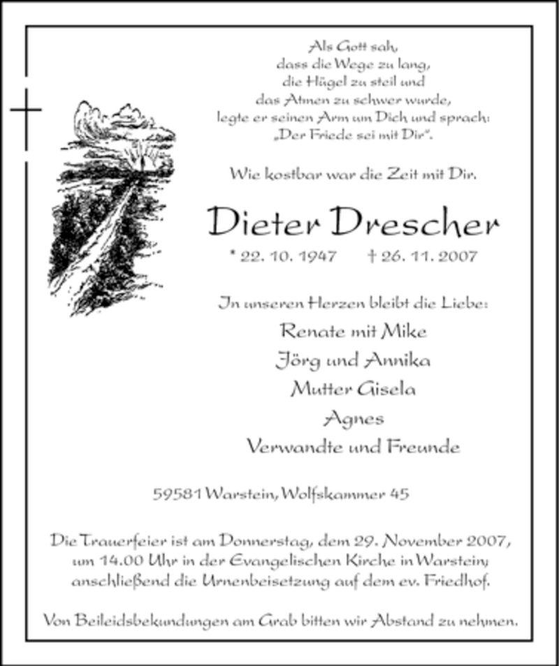  Traueranzeige für Dieter Drescher vom 28.11.2007 aus WESTFÄLISCHER ANZEIGER