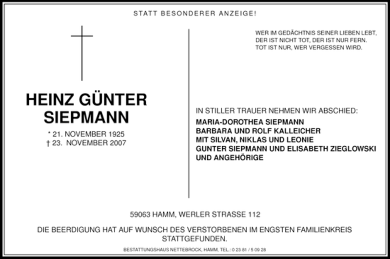  Traueranzeige für Heinz Günther Siepmann vom 29.11.2007 aus WESTFÄLISCHER ANZEIGER