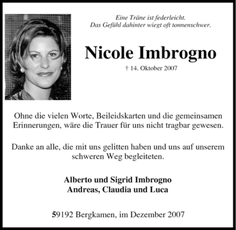  Traueranzeige für Nicole Imbrogno vom 01.12.2007 aus WESTFÄLISCHER ANZEIGER