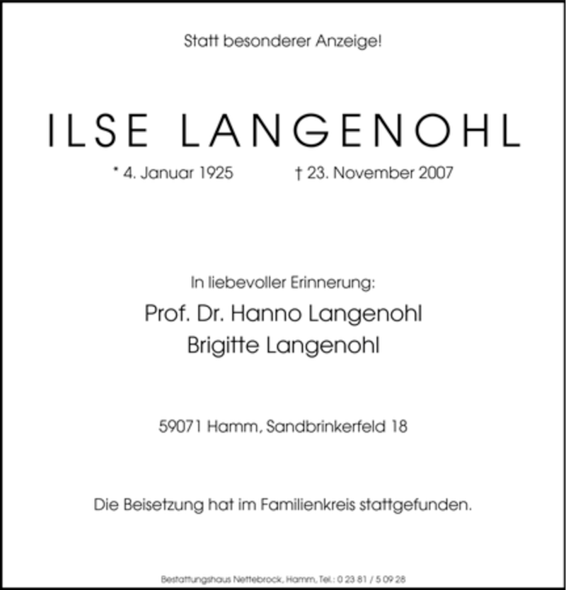  Traueranzeige für Ilse Langenohl vom 01.12.2007 aus WESTFÄLISCHER ANZEIGER