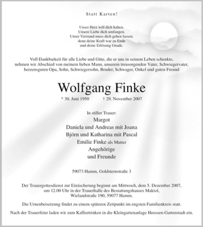  Traueranzeige für Wolfgang Finke vom 01.12.2007 aus WESTFÄLISCHER ANZEIGER