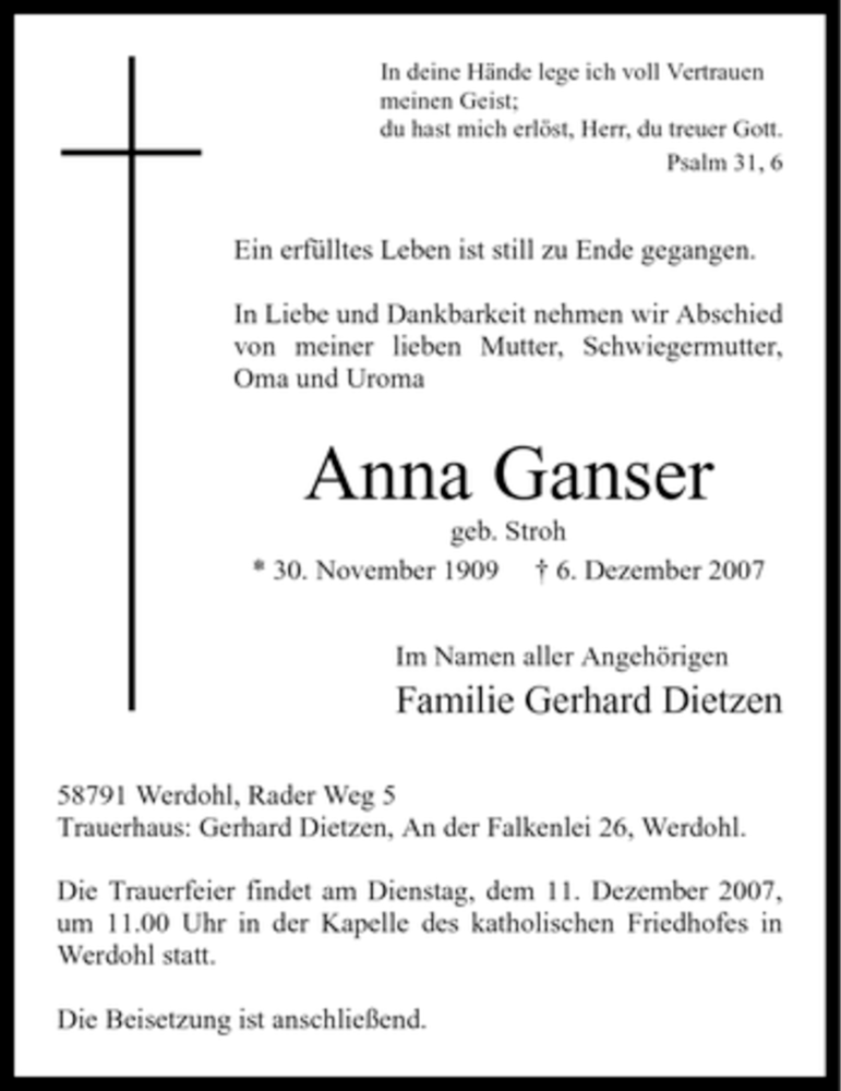  Traueranzeige für Anna Ganser vom 07.12.2007 aus WESTFÄLISCHER ANZEIGER